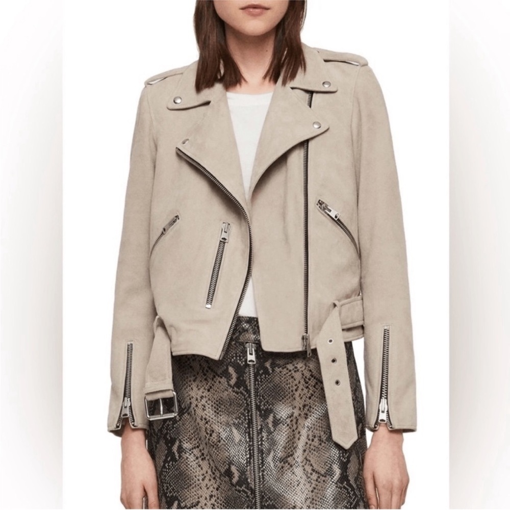 AllSaints Women's Beige Sand Plait Balfern Suede Leather Biker Jacket Size 4